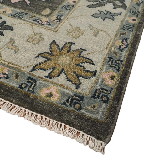 Custom Made Hand Knotted Dark Gray and Beige Traditional Wool Rug