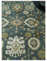 Custom Made Hand Knotted Dark Teal, Ivory and Beige Traditional Multi Size Oushak Wool Rug