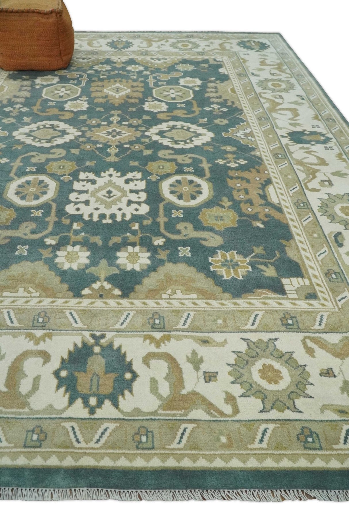 Custom Made Hand Knotted Dark Teal, Ivory and Beige Traditional Multi Size Oushak Wool Rug