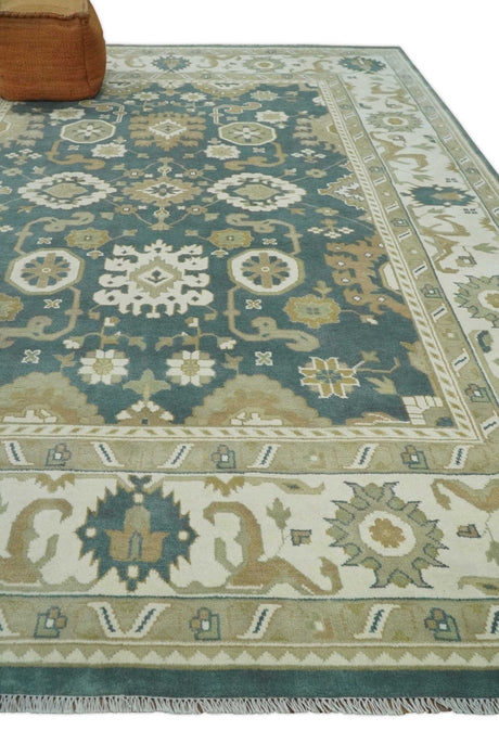 Custom Made Hand Knotted Dark Teal, Ivory and Beige Traditional Multi Size Oushak Wool Rug