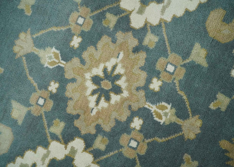 Custom Made Hand Knotted Dark Teal, Ivory and Beige Traditional Multi Size Oushak Wool Rug