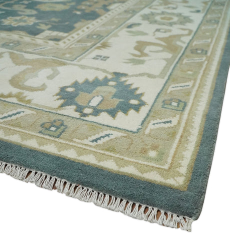 Custom Made Hand Knotted Dark Teal, Ivory and Beige Traditional Multi Size Oushak Wool Rug