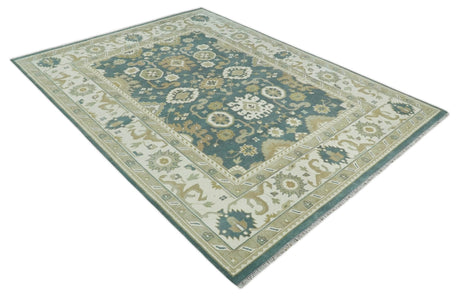 Custom Made Hand Knotted Dark Teal, Ivory and Beige Traditional Multi Size Oushak Wool Rug