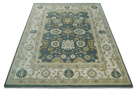 Custom Made Hand Knotted Dark Teal, Ivory and Beige Traditional Multi Size Oushak Wool Rug