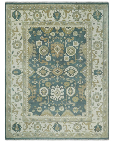 Custom Made Hand Knotted Dark Teal, Ivory and Beige Traditional Multi Size Oushak Wool Rug