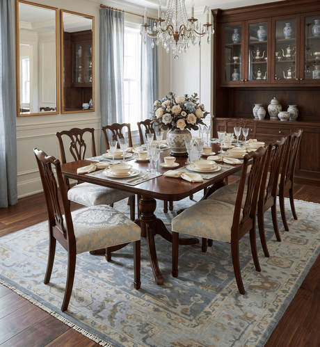 Custom Made Hand Knotted Gray, Blue and Beige Traditional Oushak Wool Area Rug