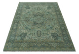 Custom Made Hand Knotted Green and Taupe Traditional wool rug