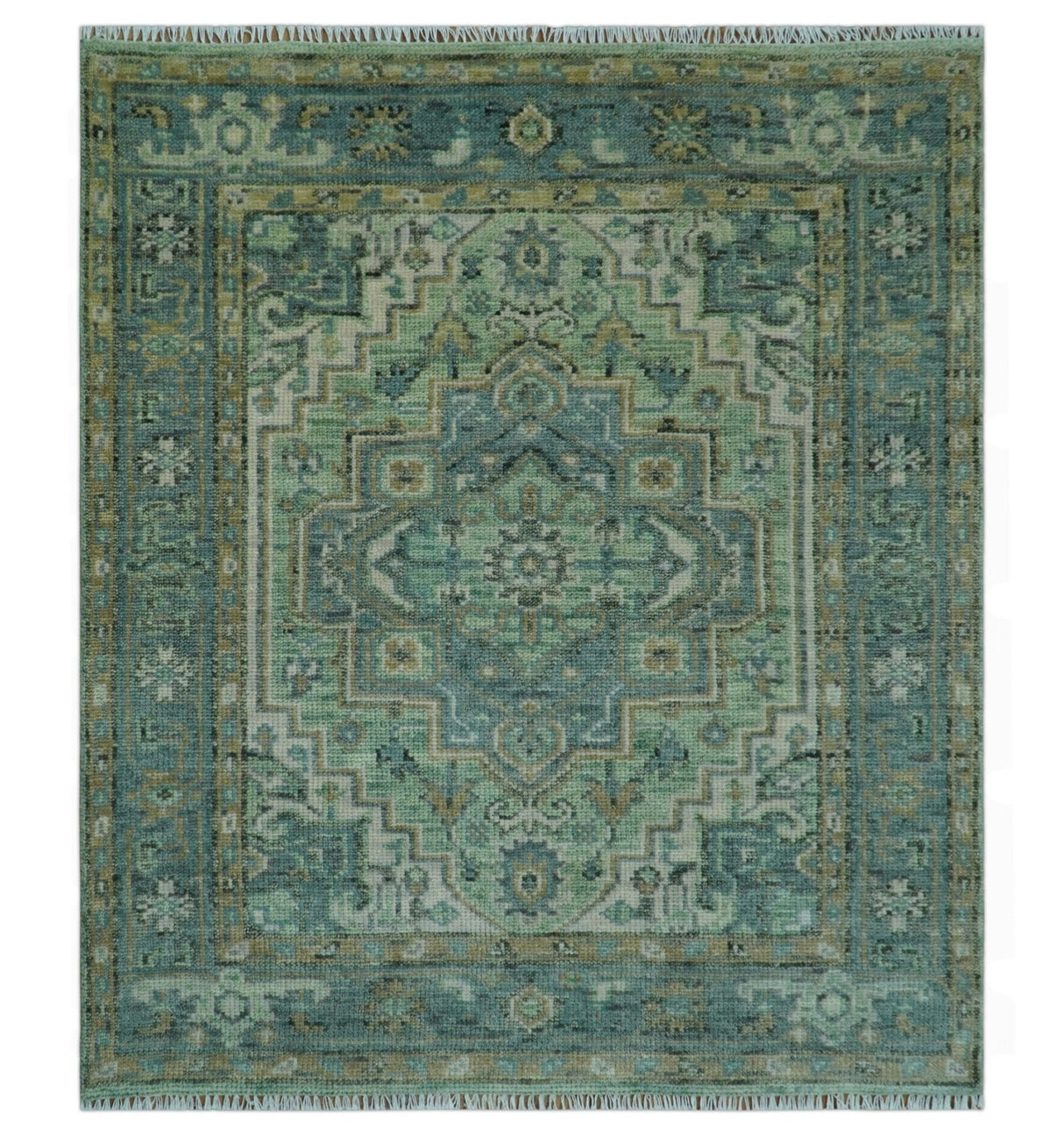 Custom Made Hand Knotted Green and Taupe Traditional wool rug