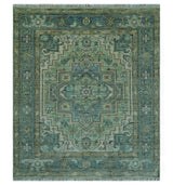 Custom Made Hand Knotted Green and Taupe Traditional wool rug