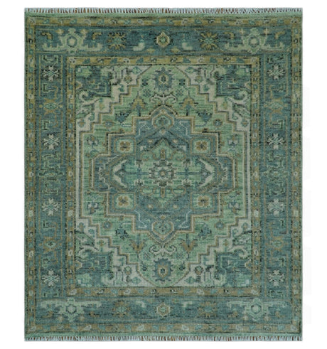 Custom Made Hand Knotted Green and Taupe Traditional wool rug