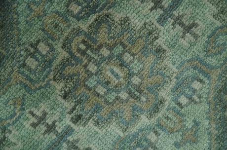 Custom Made Hand Knotted Green and Taupe Traditional wool rug