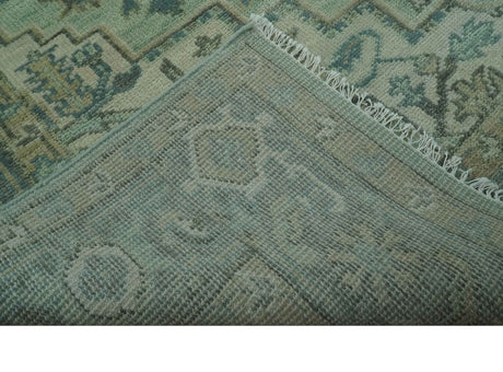 Custom Made Hand Knotted Green and Taupe Traditional wool rug