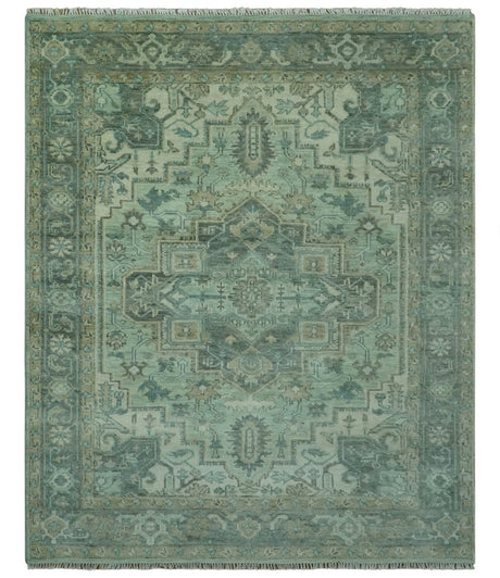 Custom Made Hand Knotted Green and Taupe Traditional wool rug