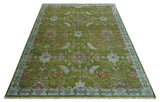 Custom Made Hand Knotted Green, Silver and Maroon Traditional Wool Area Rug