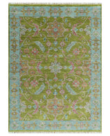 Custom Made Hand Knotted Green, Silver and Maroon Traditional Wool Area Rug