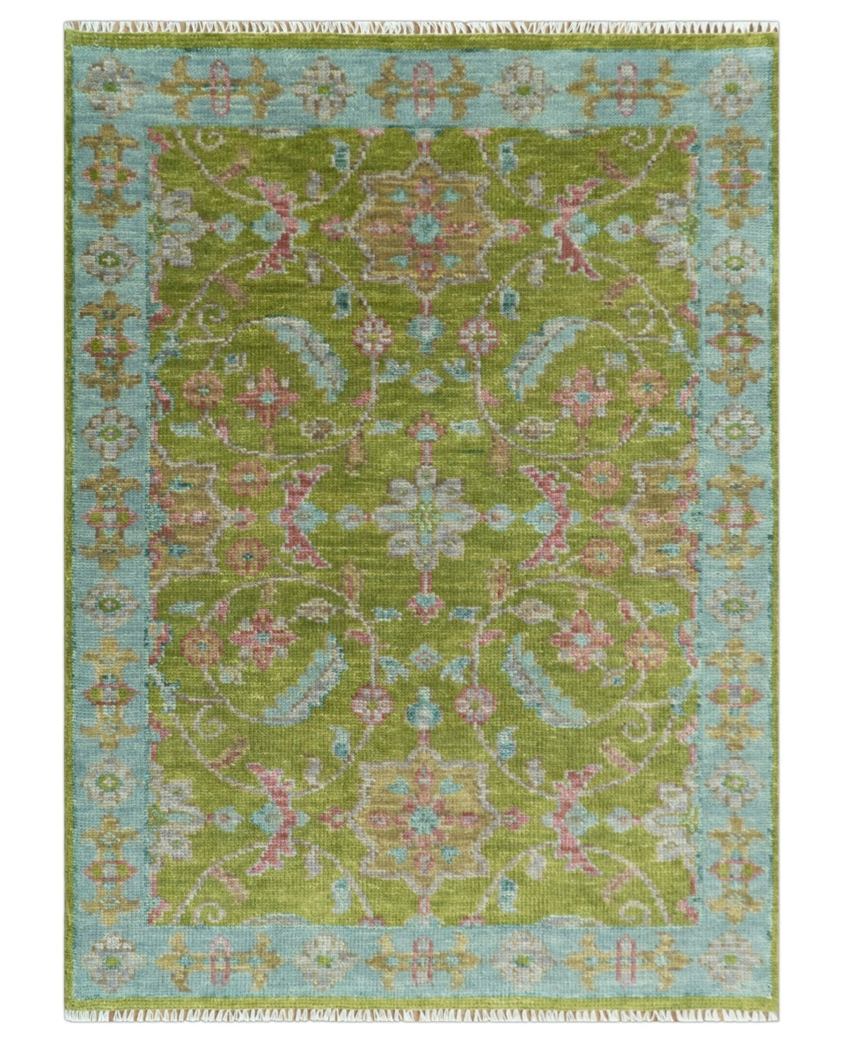 Custom Made Hand Knotted Green, Silver and Maroon Traditional Wool Area Rug