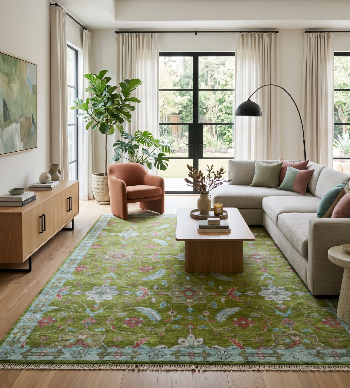 Custom Made Hand Knotted Green, Silver and Maroon Traditional Wool Area Rug