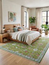 Custom Made Hand Knotted Green, Silver and Maroon Traditional Wool Area Rug