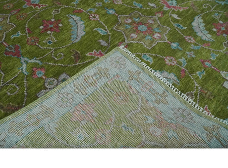 Custom Made Hand Knotted Green, Silver and Maroon Traditional Wool Area Rug