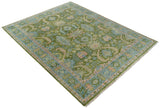 Custom Made Hand Knotted Green, Silver and Peach Traditional Oushak Wool Area Rug