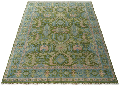 Custom Made Hand Knotted Green, Silver and Peach Traditional Oushak Wool Area Rug