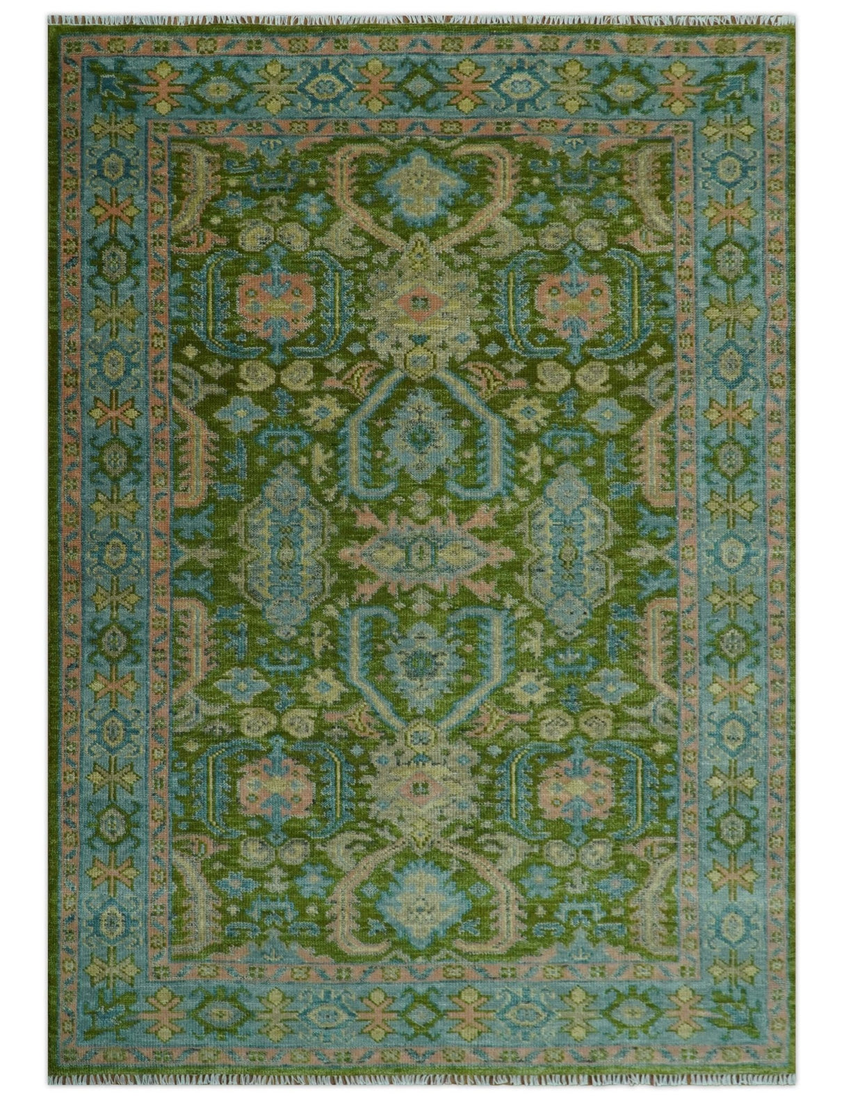 Custom Made Hand Knotted Green, Silver and Peach Traditional Oushak Wool Area Rug