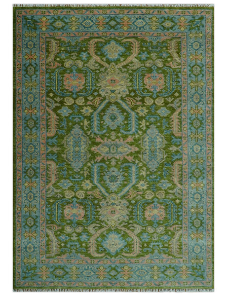 Custom Made Hand Knotted Green, Silver and Peach Traditional Oushak Wool Area Rug