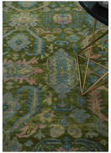 Custom Made Hand Knotted Green, Silver and Peach Traditional Oushak Wool Area Rug