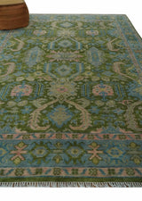 Custom Made Hand Knotted Green, Silver and Peach Traditional Oushak Wool Area Rug
