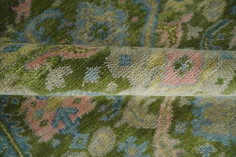 Custom Made Hand Knotted Green, Silver and Peach Traditional Oushak Wool Area Rug
