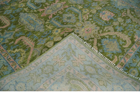 Custom Made Hand Knotted Green, Silver and Peach Traditional Oushak Wool Area Rug