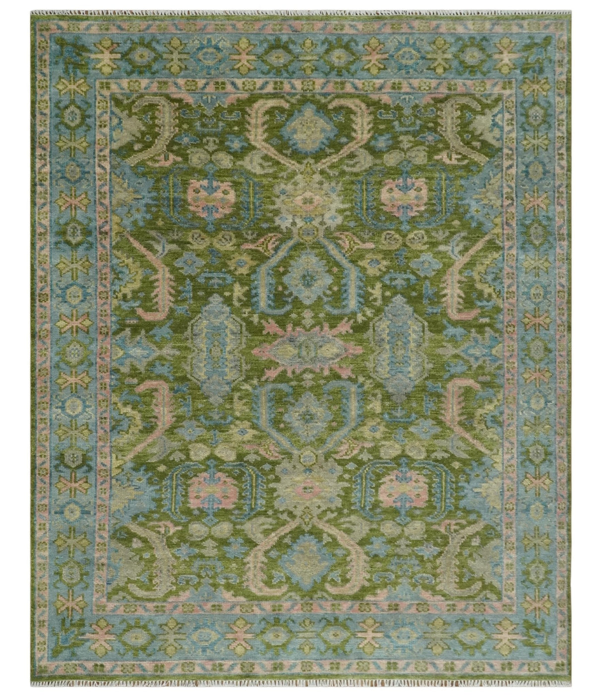 Custom Made Hand Knotted Green, Silver and Peach Traditional Oushak Wool Area Rug