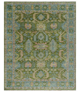 Custom Made Hand Knotted Green, Silver and Peach Traditional Oushak Wool Area Rug
