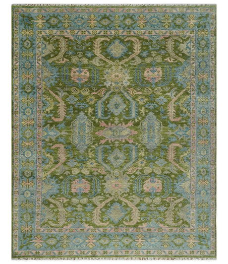 Custom Made Hand Knotted Green, Silver and Peach Traditional Oushak Wool Area Rug