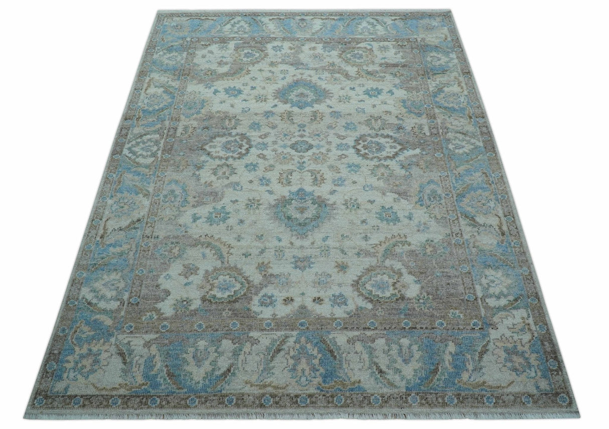 Custom Made Hand Knotted Ivory and Blue Traditional Turkish Afghan Wool Rug