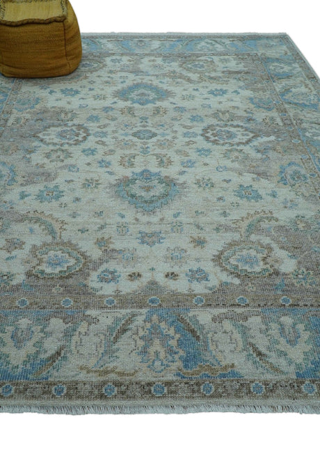 Custom Made Hand Knotted Ivory and Blue Traditional Turkish Afghan Wool Rug