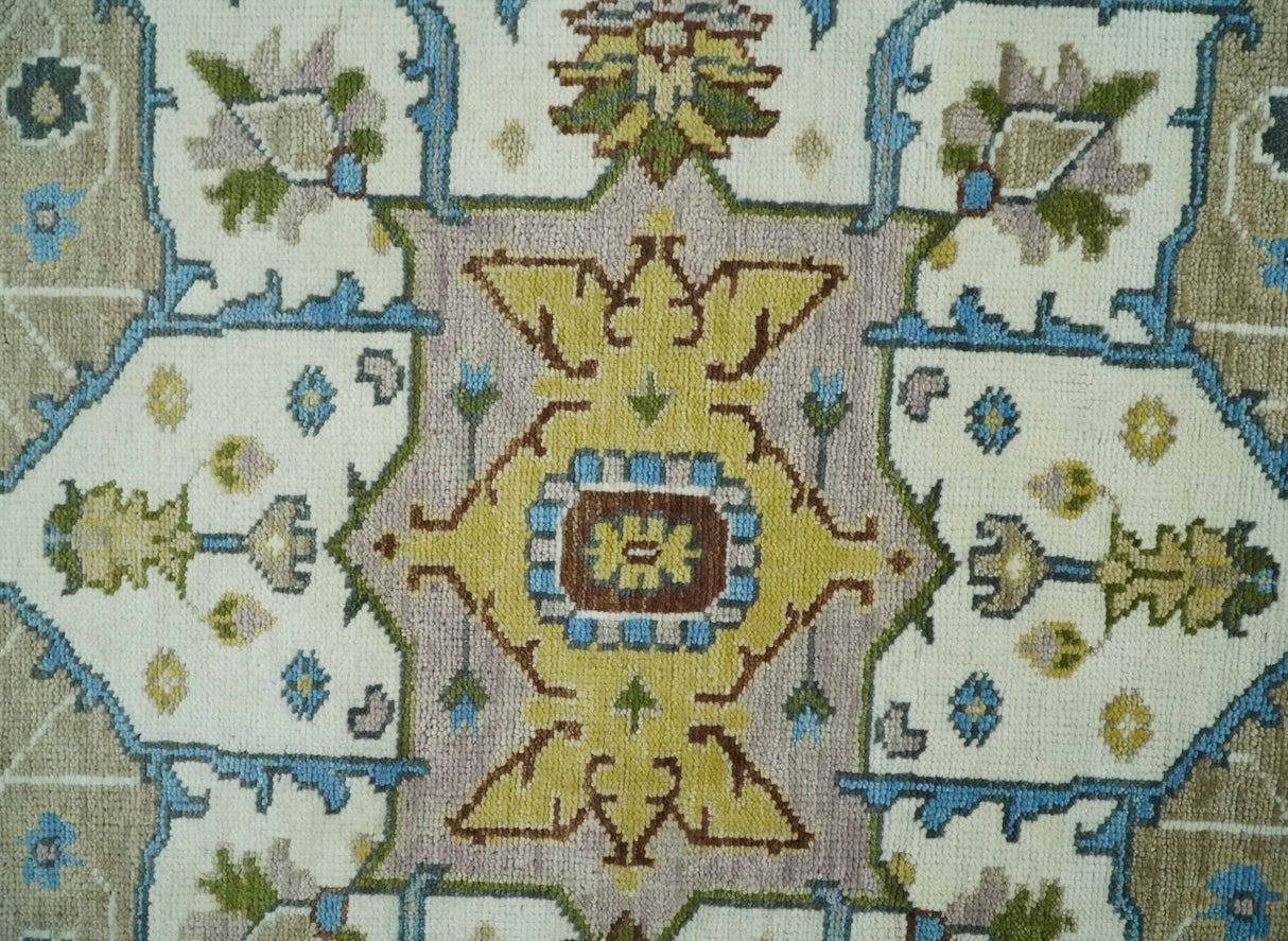 Custom Made Hand Knotted Ivory and Camel Traditional Heriz Wool Rug