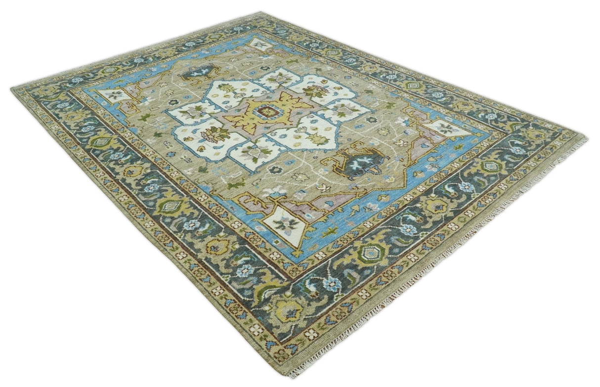 Custom Made Hand Knotted Ivory and Camel Traditional Heriz Wool Rug