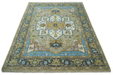 Custom Made Hand Knotted Ivory and Camel Traditional Heriz Wool Rug