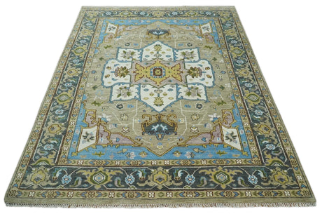 Custom Made Hand Knotted Ivory and Camel Traditional Heriz Wool Rug