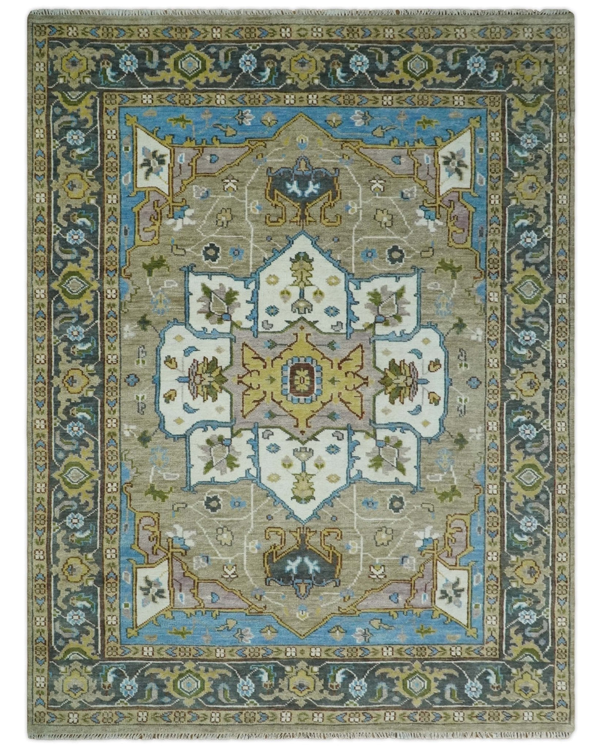 Custom Made Hand Knotted Ivory and Camel Traditional Heriz Wool Rug