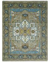 Custom Made Hand Knotted Ivory and Camel Traditional Heriz Wool Rug