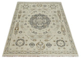 Custom Made Hand Knotted Ivory and Charcoal Medallion Pattern Wool Area Rug