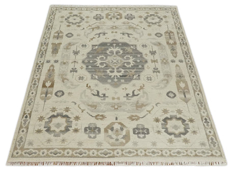 Custom Made Hand Knotted Ivory and Charcoal Medallion Pattern Wool Area Rug