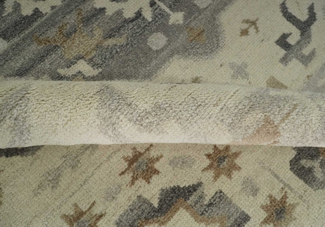Custom Made Hand Knotted Ivory and Charcoal Medallion Pattern Wool Area Rug