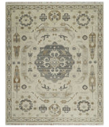 Custom Made Hand Knotted Ivory and Charcoal Medallion Pattern Wool Area Rug