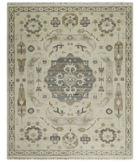 Custom Made Hand Knotted Ivory and Charcoal Medallion Pattern Wool Area Rug
