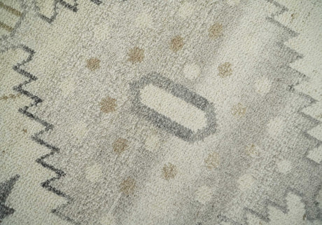 Custom Made Hand Knotted Ivory and Charcoal Traditional Tribal Natural Wool Area Rug, Kids, Living Room and Bedroom Rug