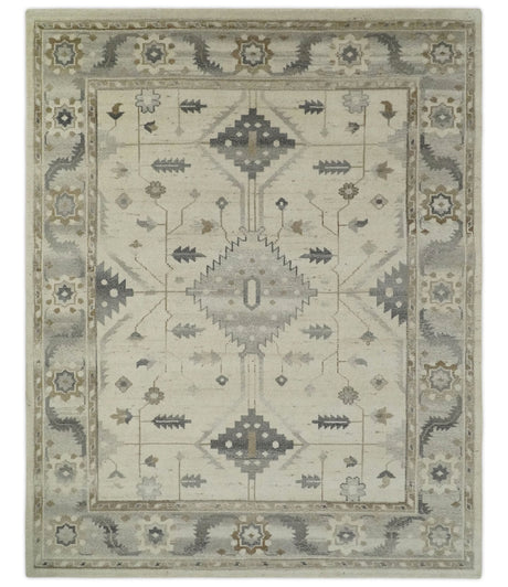 Custom Made Hand Knotted Ivory and Charcoal Traditional Tribal Natural Wool Area Rug, Kids, Living Room and Bedroom Rug