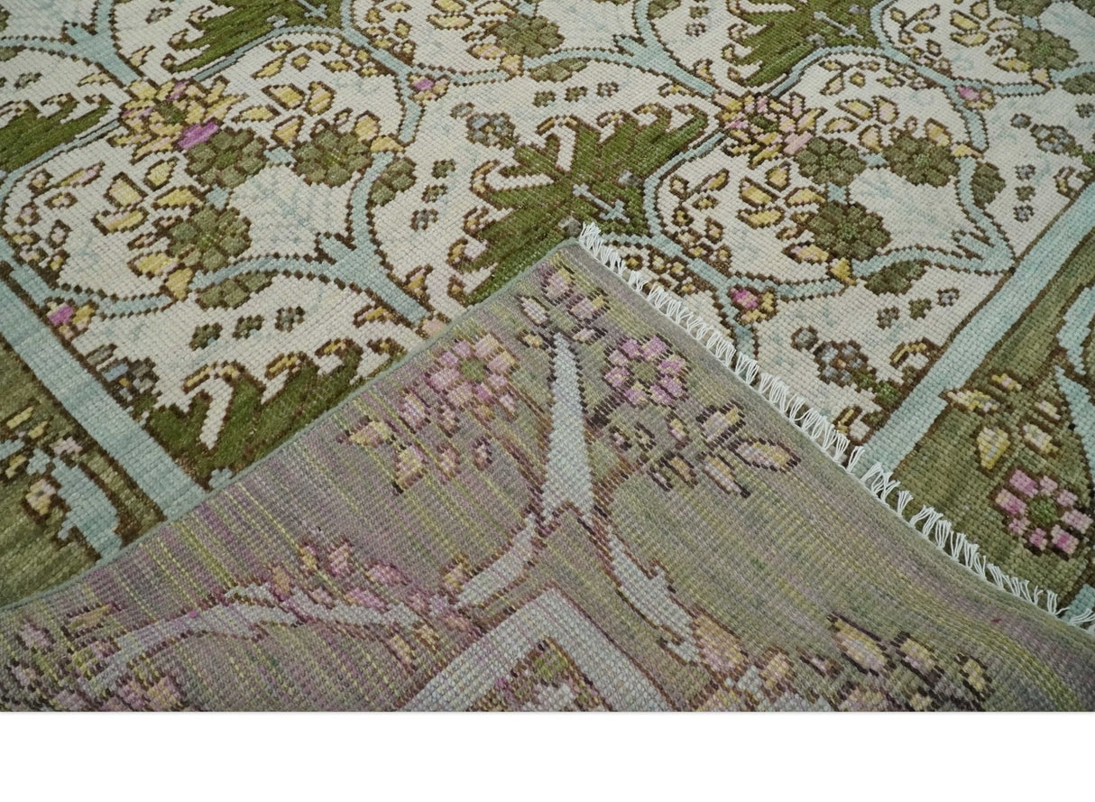 Custom Made Hand Knotted Ivory and Green Floral Traditional Style Wool Area Rug